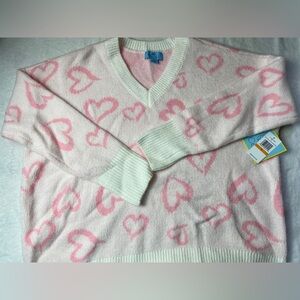 NWT CeCe Pink Heart V-Neck Sweater Oversized S